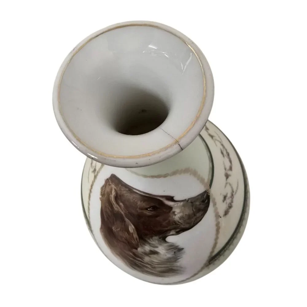 Antique Hand-Painted Porcelain Vase With Dog Portrait & Gold Detailing